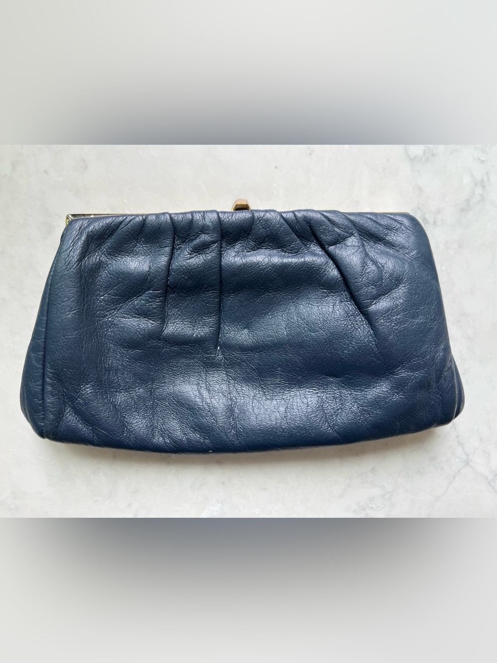 Vintage Navy Leather Clutch / Chain-Handle Evening Hand Bag - Picture 2 of 7